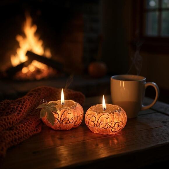 tii Collections Other - tii Collections Set Blessings Thanksgiving Resin Pumpkin Tin Leafs Candle Holder